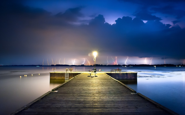 Pier light night clouds city free wallpaper - medium preview image