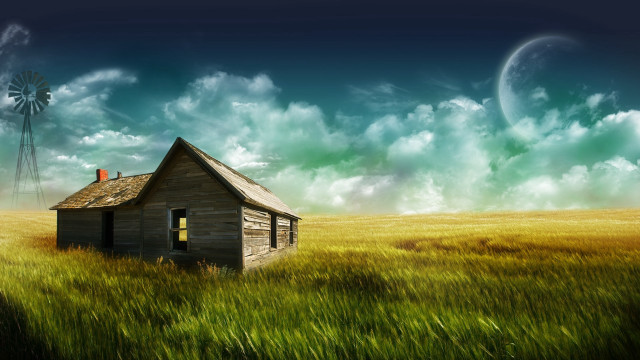 House field windmill clouds stars free wallpaper - medium preview image
