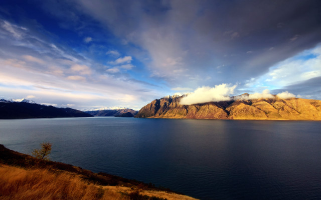 Lake mountains cloudy sky grassy free wallpaper - medium preview image