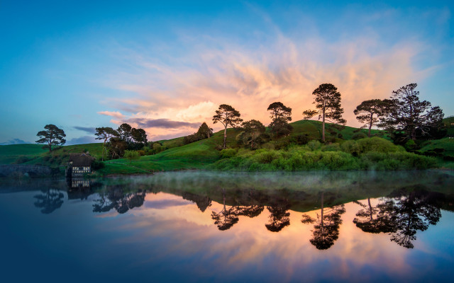 Lake hill trees sunset bridge free wallpaper - medium preview image