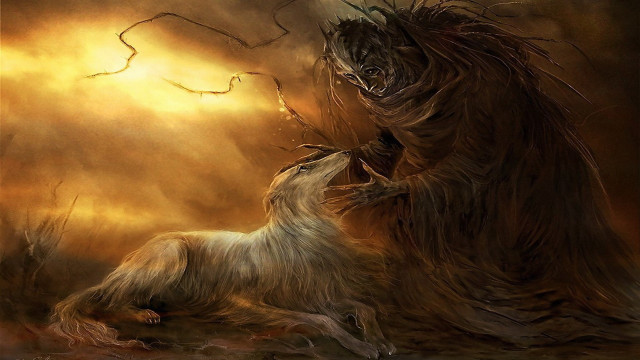 Dogs fighting field tree fantasy free wallpaper - medium preview image