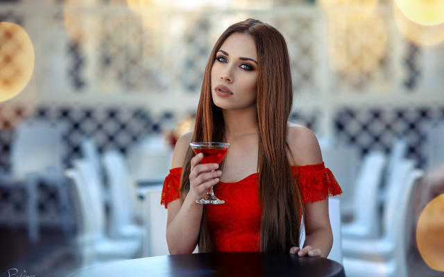 Woman red dress wine serious free wallpaper - medium preview image