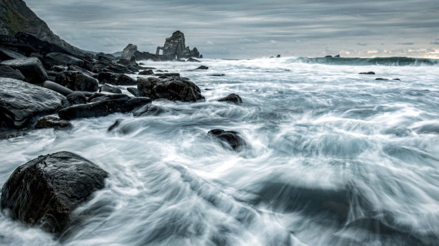 Rocky beach waves lighthouse clouds free wallpaper - medium preview image