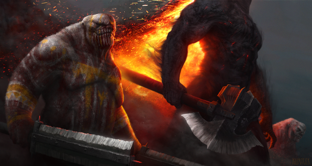 Demonic creature axe fire sky free wallpaper - medium preview image