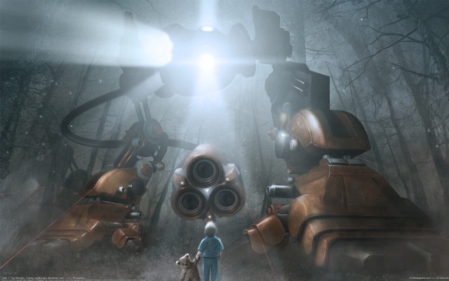 Man giant robot forest light free wallpaper - medium preview image