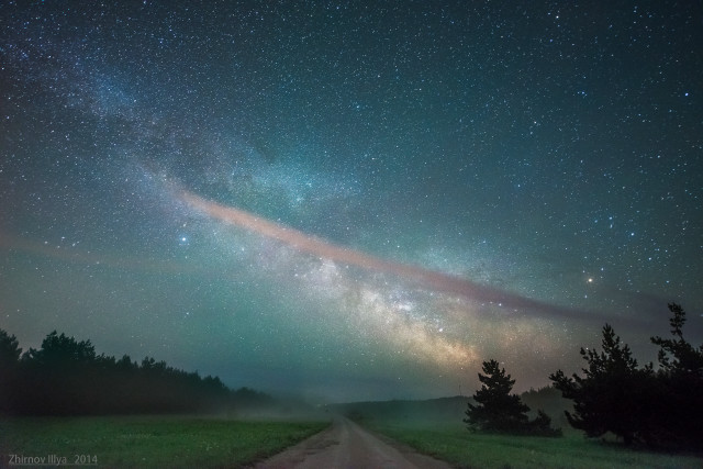 Road starry sky beam night free wallpaper - medium preview image