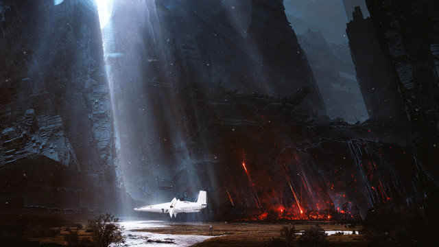 Fantasy waterfall plane man rock free wallpaper - medium preview image