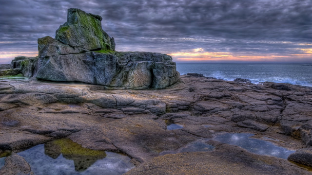 Rock beach sunset water mountains free wallpaper - medium preview image