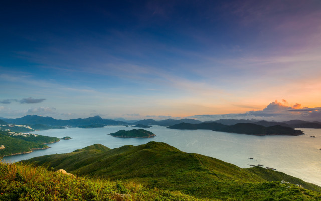 Sunset lake mountains clouds blue free wallpaper - medium preview image