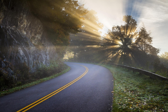 Road sunbeam trees mountains fireworks free wallpaper - medium preview image