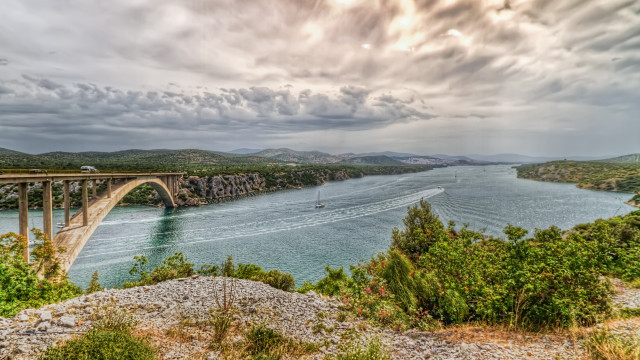 Bridge river boat cloudy sky free wallpaper - medium preview image