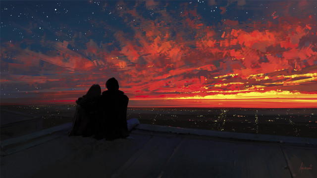 Rooftop sunset cityscape stars aurora free wallpaper - medium preview image