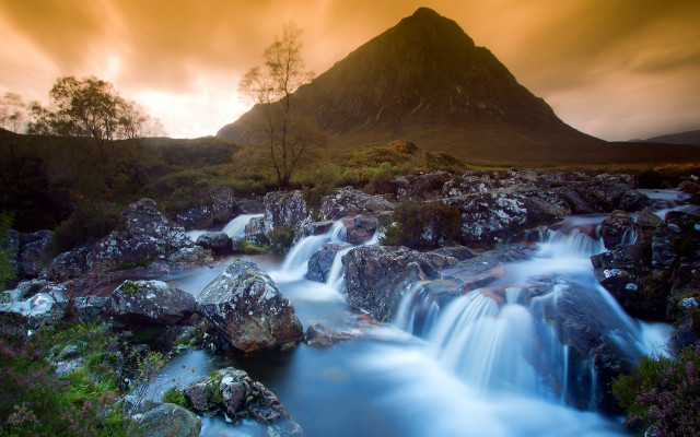 Waterfall mountain sunset clouds trees free wallpaper - medium preview image