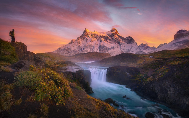 Cliff overlook waterfall mountain sunset free wallpaper - medium preview image