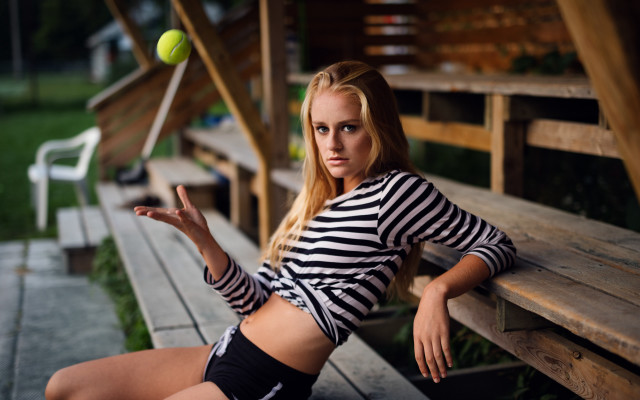 Woman bench tennisball blonde portrait free wallpaper - medium preview image