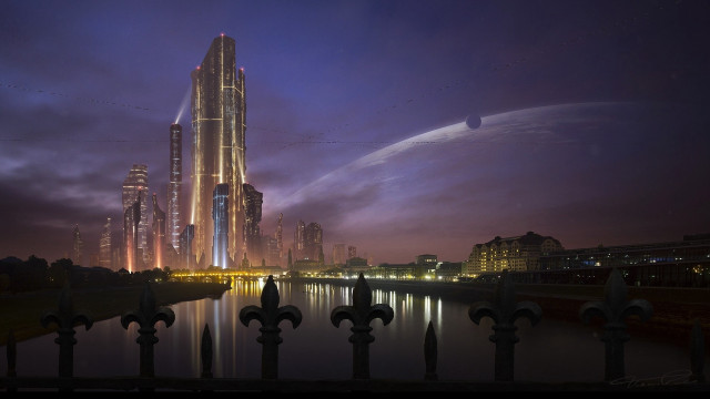 Futuristic city skyscraper night distant free wallpaper - medium preview image
