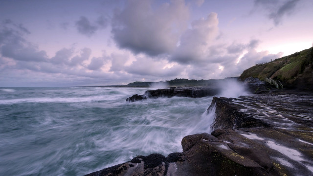 Rocky shore waves misty island free wallpaper - medium preview image