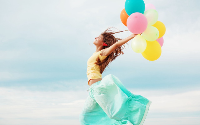 Woman balloons jumping summer vibrancy free wallpaper - medium preview image