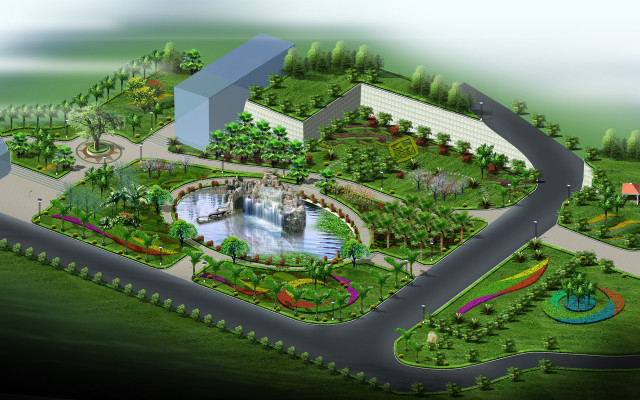 Large building pond waterfall park free wallpaper - medium preview image