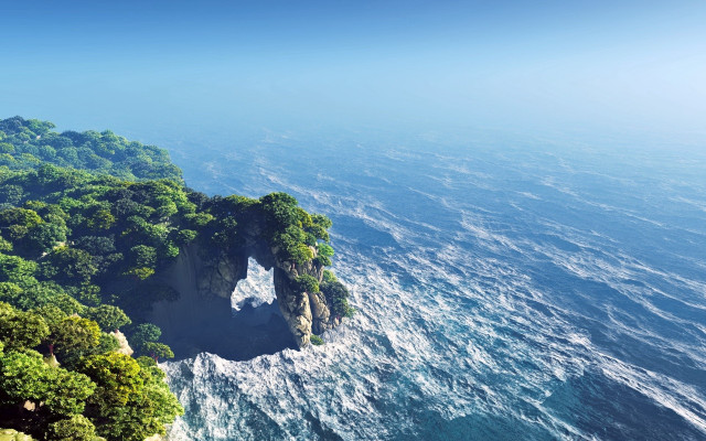 Ocean lake cliff trees rocks free wallpaper - medium preview image