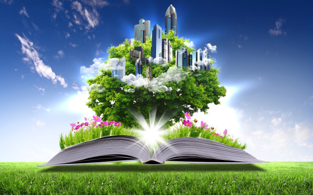 City greenfield flower trees solarpunk free wallpaper - medium preview image