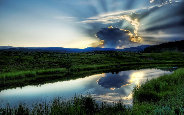 River sky clouds sunrays grass #2 free wallpaper - medium preview image
