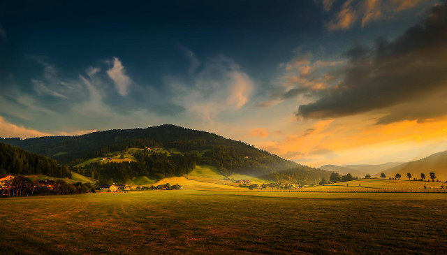 Sunset valley mountain clouds cityscape free wallpaper for desktop - medium preview image