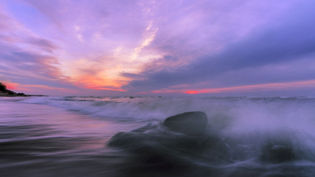Wave sunset ocean rocks mountain free wallpaper - medium preview image