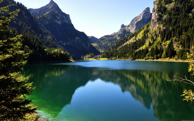 Lake mountains trees blue sky #40 free wallpaper - medium preview image