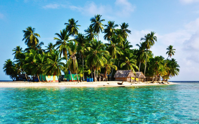 Beach hut palm trees blue free wallpaper - medium preview image