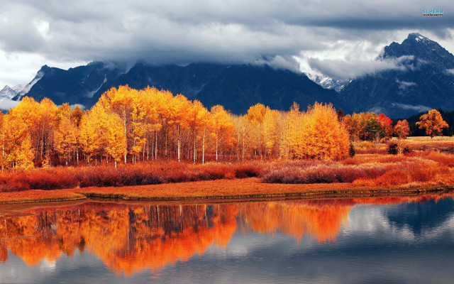 Lake trees autumn mountains clouds free wallpaper - medium preview image