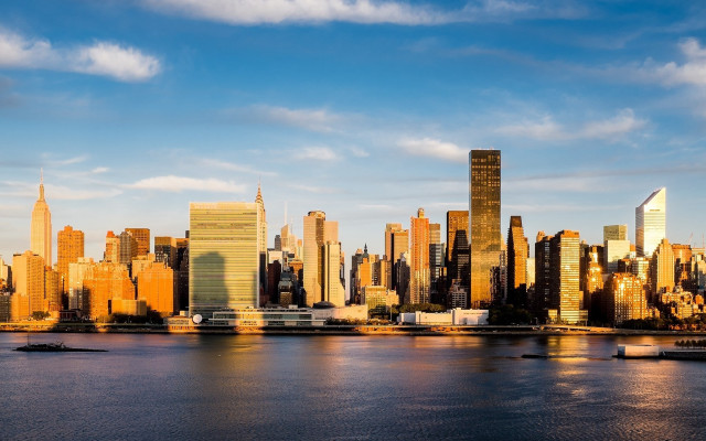 City skyline water boat digital free wallpaper - medium preview image