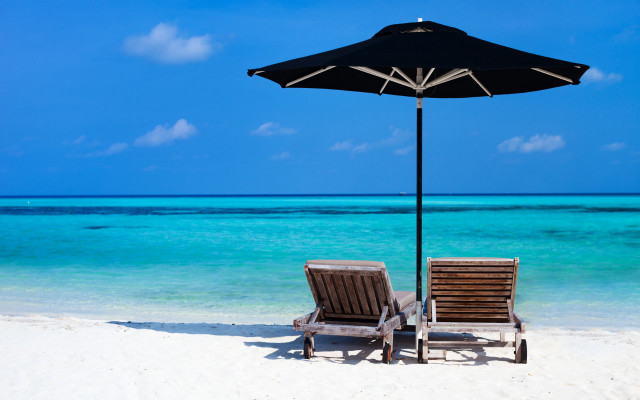 Beach chairs umbrella ocean blue free wallpaper - medium preview image