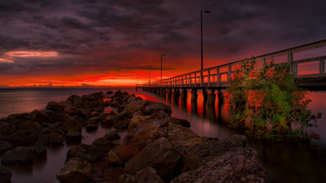 Wooden bridge sunset water rocks free wallpaper - medium preview image