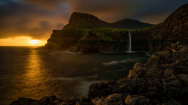 Waterfall mountain lake sunset reflection free wallpaper - medium preview image