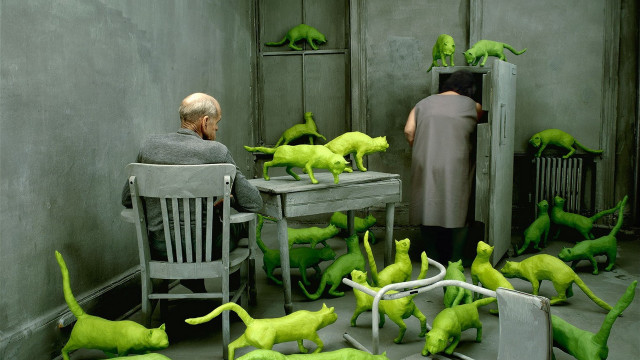 Surreal man green cats desk free wallpaper - medium preview image