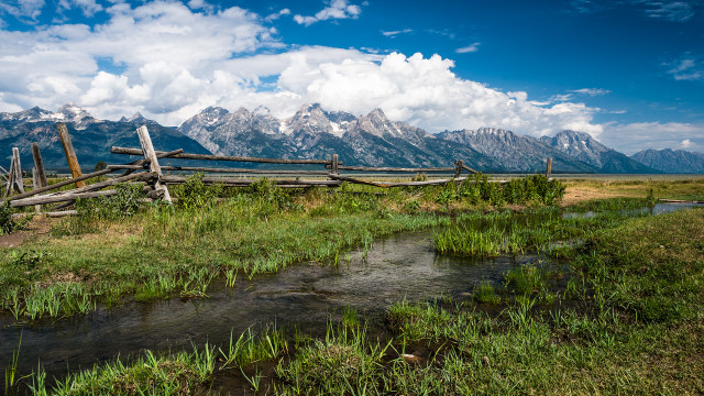 Wooden fence river mountains clouds free wallpaper - medium preview image