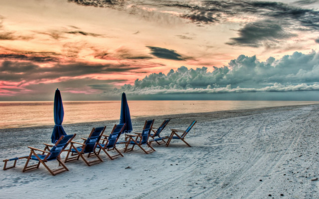 Beach chairs sand cloudy sky free wallpaper - medium preview image