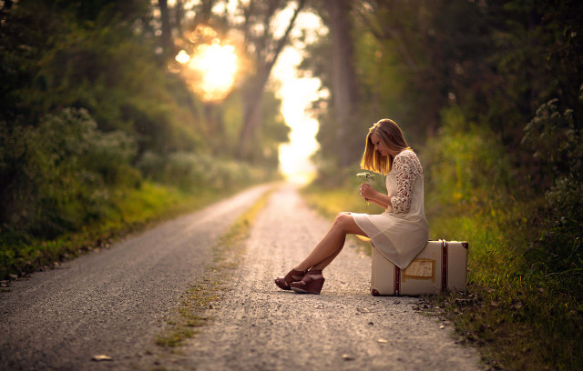Woman suitcase flower outdoor forest free wallpaper - medium preview image
