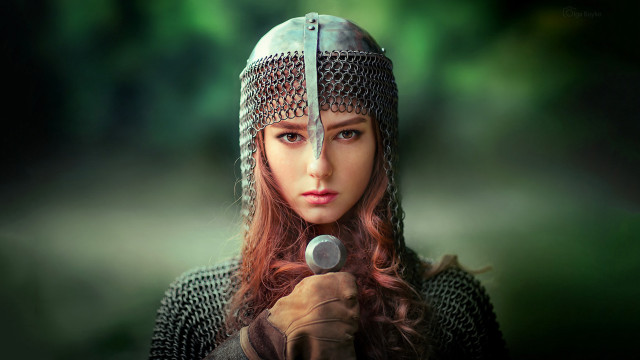 Woman helmet sword serious fantasy free wallpaper - medium preview image