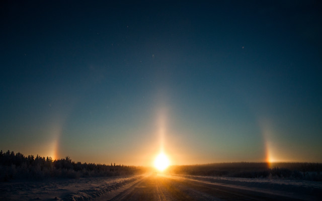 Sunshine snowy road trees lens free wallpaper - medium preview image