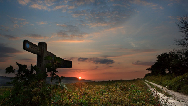 Sunset field wooden sign road free wallpaper - medium preview image
