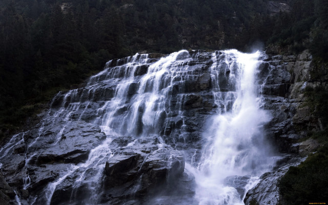 Waterfall boat forest mountain sky free wallpaper - medium preview image