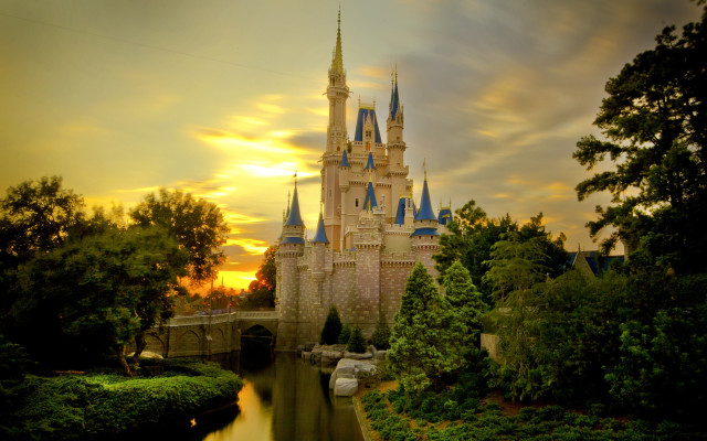 Castle bridge trees sunset clouds free wallpaper - medium preview image