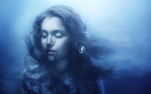 Woman headphones water blue light free wallpaper - medium preview image