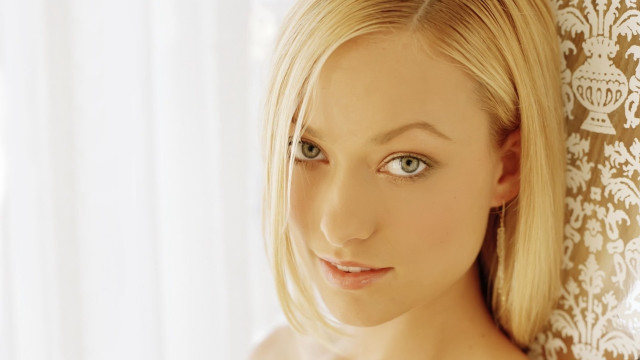Blonde woman blue eyes curtain free wallpaper - medium preview image