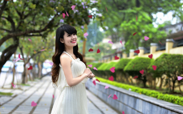 Woman white dress pink butterflies free wallpaper - medium preview image