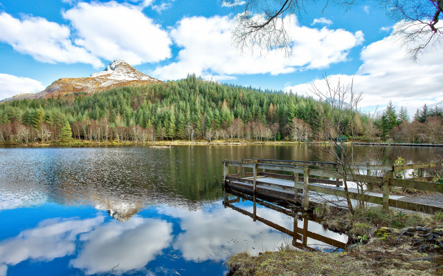 Wooden dock lake mountains snowy free wallpaper - medium preview image