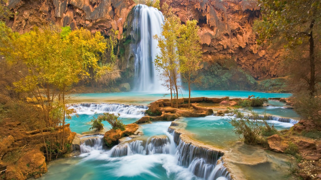 Waterfall forest autumn leaves blue free wallpaper - medium preview image