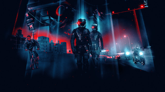 Night cyclists cityscape cyberpunk mecha free wallpaper - medium preview image
